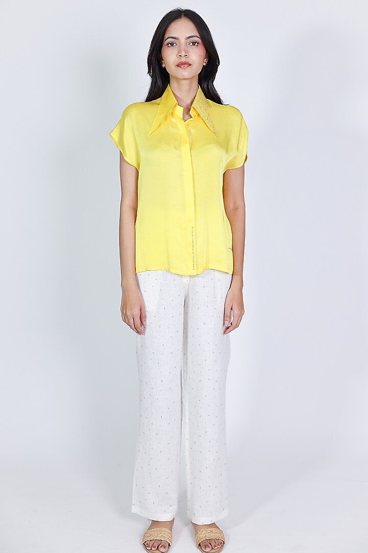 Yellow Cotton Satin Zari Hand Embroidered Shirt by ARYA GIRI at Pernia's Pop Up Shop
