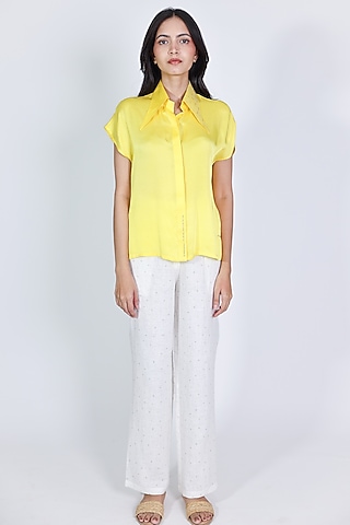 Yellow Cotton Satin Zari Hand Embroidered Shirt by ARYA GIRI