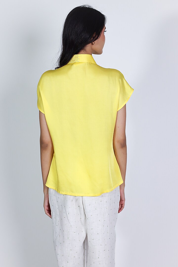 Yellow Cotton Satin Zari Hand Embroidered Shirt by ARYA GIRI at Pernia's Pop Up Shop