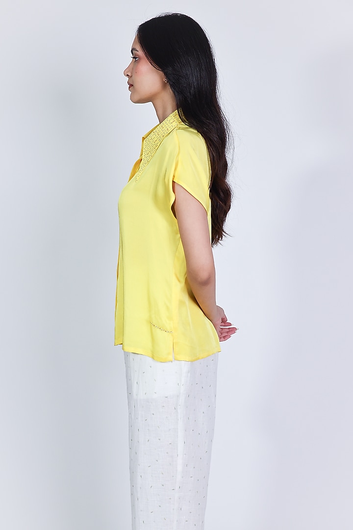 Yellow Cotton Satin Zari Hand Embroidered Shirt by ARYA GIRI at Pernia's Pop Up Shop