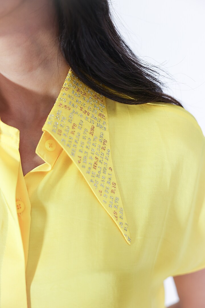 Yellow Cotton Satin Zari Hand Embroidered Shirt by ARYA GIRI at Pernia's Pop Up Shop