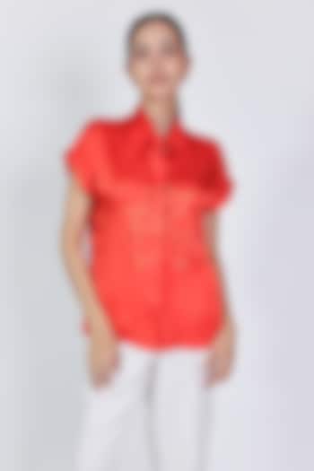 Red Modal Satin Zari Hand Embroidered Shirt by ARYA GIRI at Pernia's Pop Up Shop