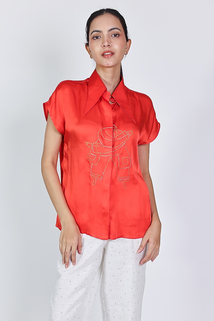 Red Modal Satin Zari Hand Embroidered Shirt by ARYA GIRI at Pernia's Pop Up Shop