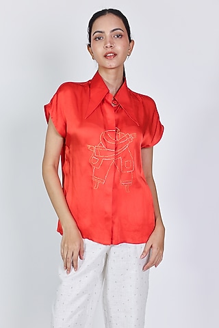 Red Modal Satin Zari Hand Embroidered Shirt by ARYA GIRI