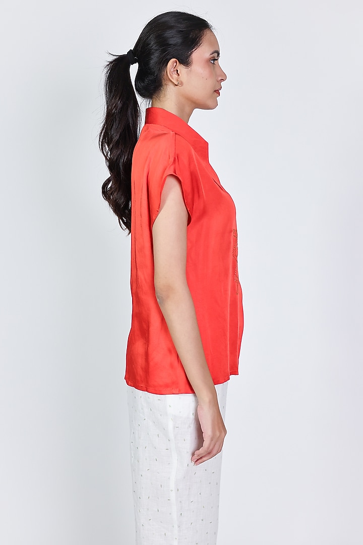 Red Modal Satin Zari Hand Embroidered Shirt by ARYA GIRI at Pernia's Pop Up Shop