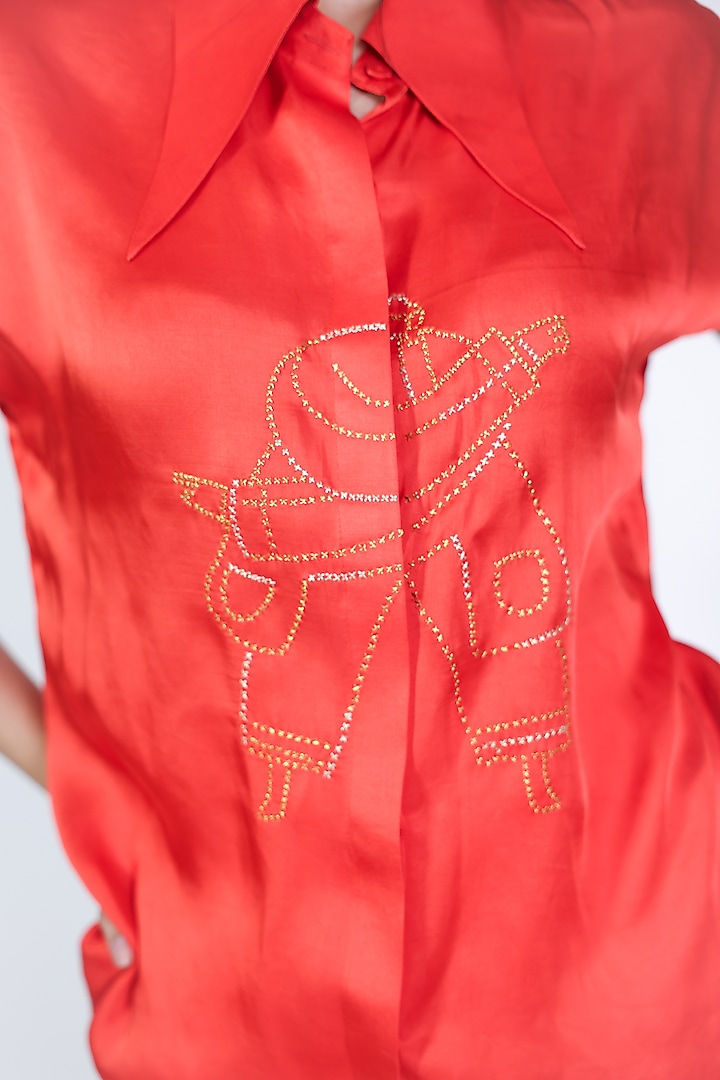 Red Modal Satin Zari Hand Embroidered Shirt by ARYA GIRI at Pernia's Pop Up Shop