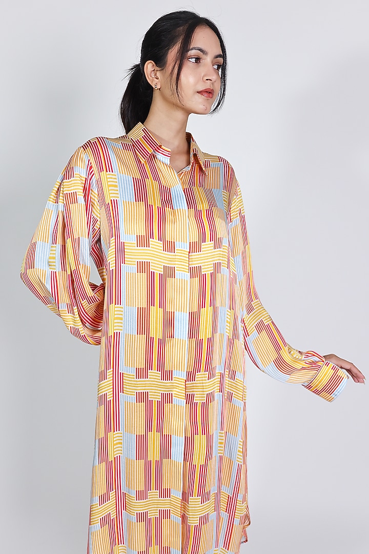 Red Modal Satin Printed Summer Shirt Dress by ARYA GIRI at Pernia's Pop Up Shop
