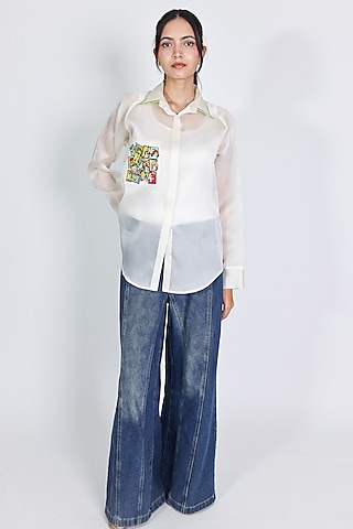 White Organza Hand Embroidered Shirt by ARYA GIRI