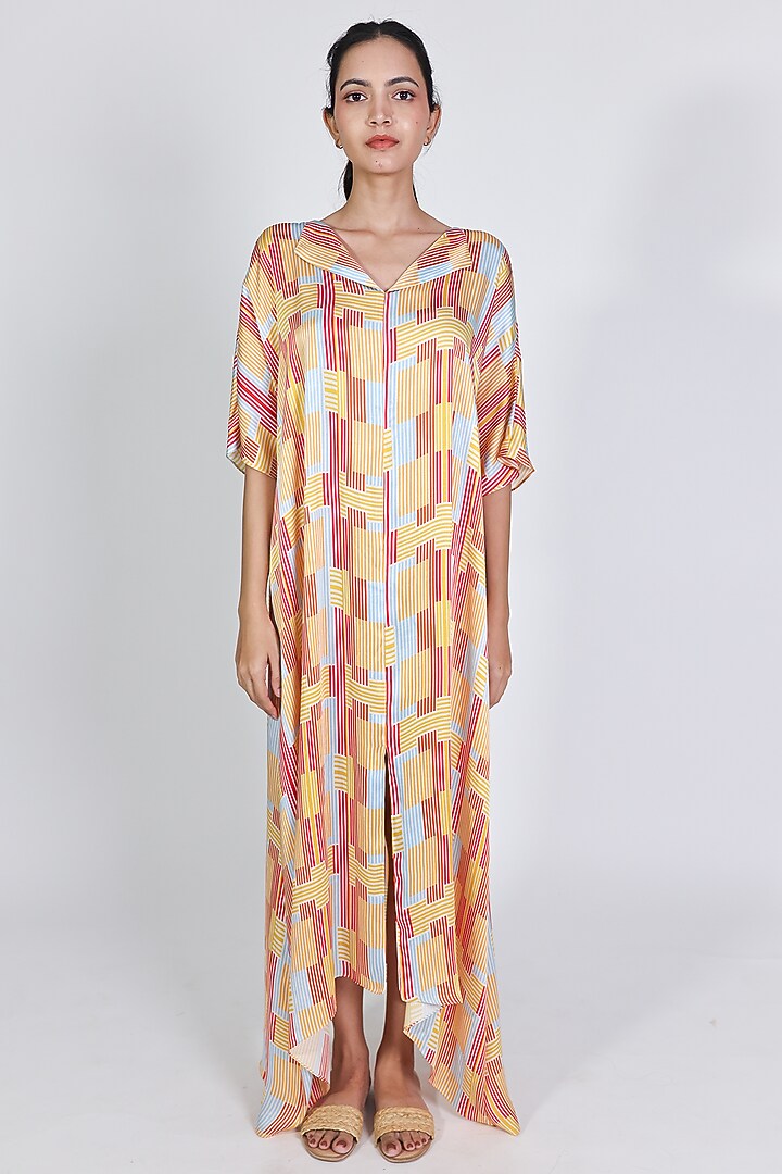 Red Modal Satin Printed Kaftan by ARYA GIRI at Pernia's Pop Up Shop