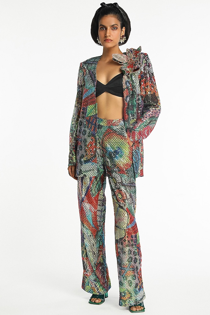 Barn Red Sequins Tulle 3D Floral Jacket Set by Aisha Rao at Pernia's Pop Up Shop