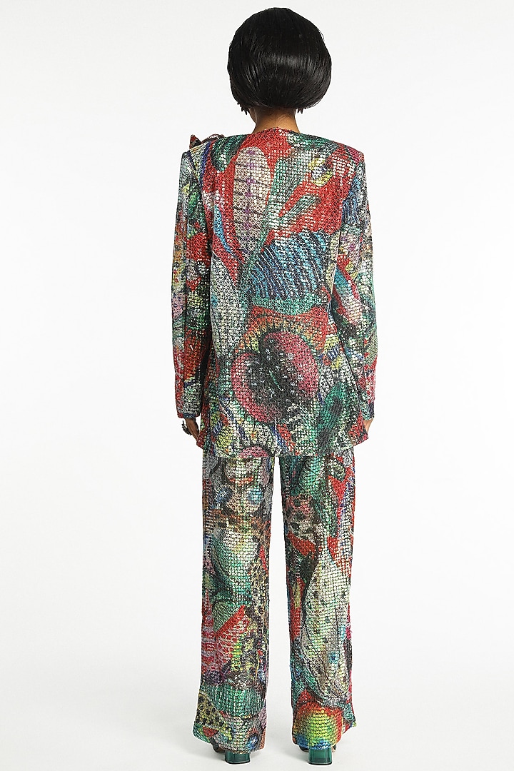 Barn Red Sequins Tulle 3D Floral Jacket Set by Aisha Rao at Pernia's Pop Up Shop