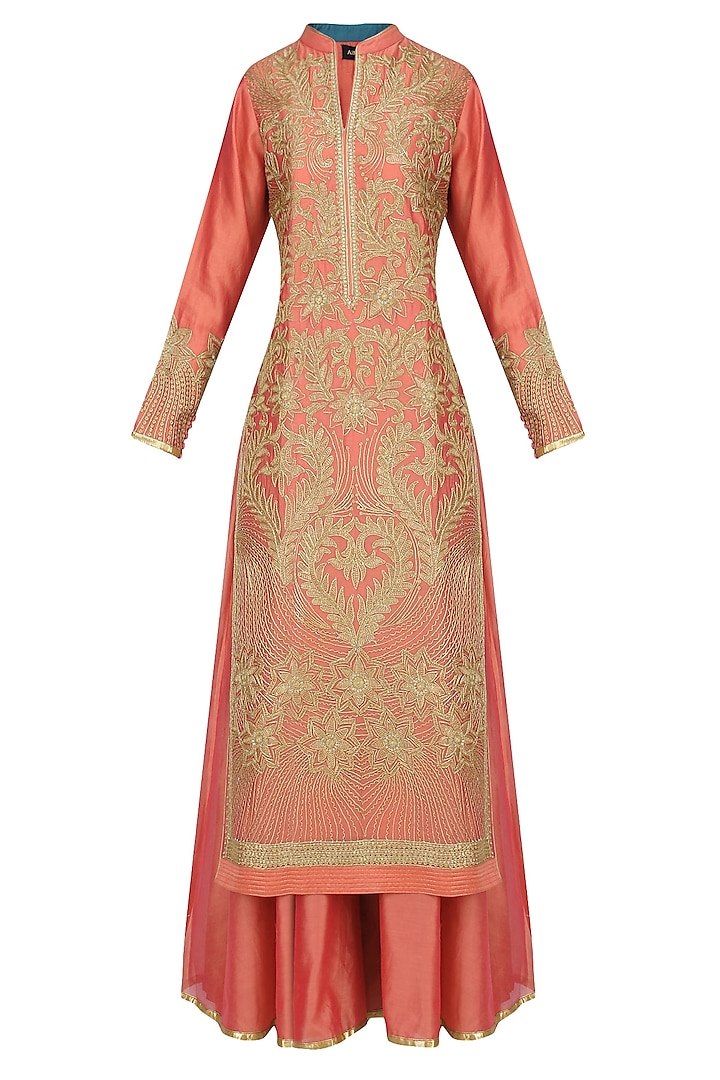 Coral Floral Embroidered Kurta Set With Palazzo Pants by Aiman