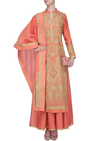 Coral Floral Embroidered Kurta Set With Palazzo Pants by Aiman