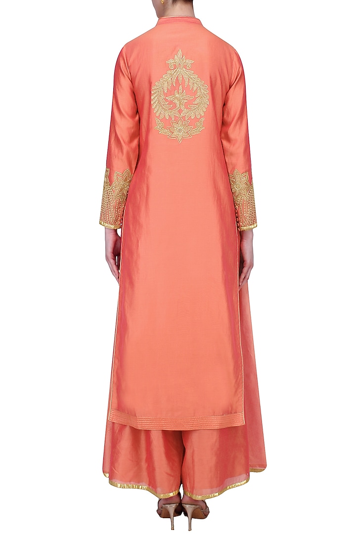 Coral floral embroidered kurta set with palazzo pants available only at Pernia's Pop Up Shop.