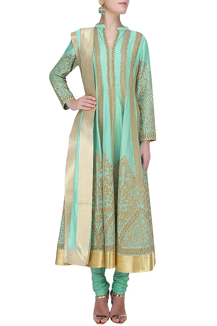 Aqua blue dori embroidered anarkali set available only at Pernia's Pop Up Shop.