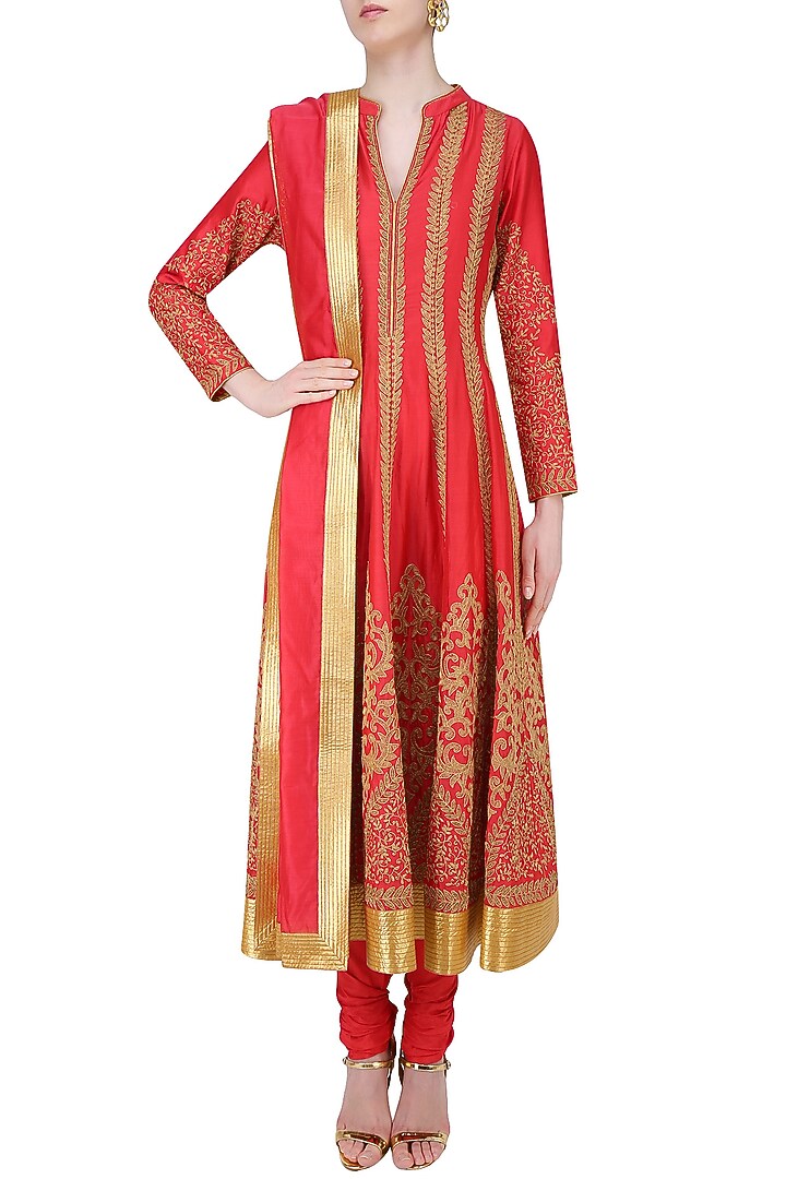 Red dori embroidered sequinned anarkali set available only at Pernia's Pop Up Shop.