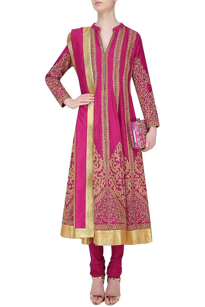 Fuschia pink dori embroidered sequinned anarkali set available only at Pernia's Pop Up Shop.