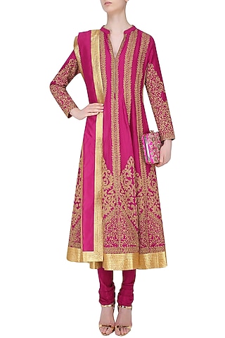 Fuschia Pink Dori Embroidered Sequinned Anarkali Set by Aiman