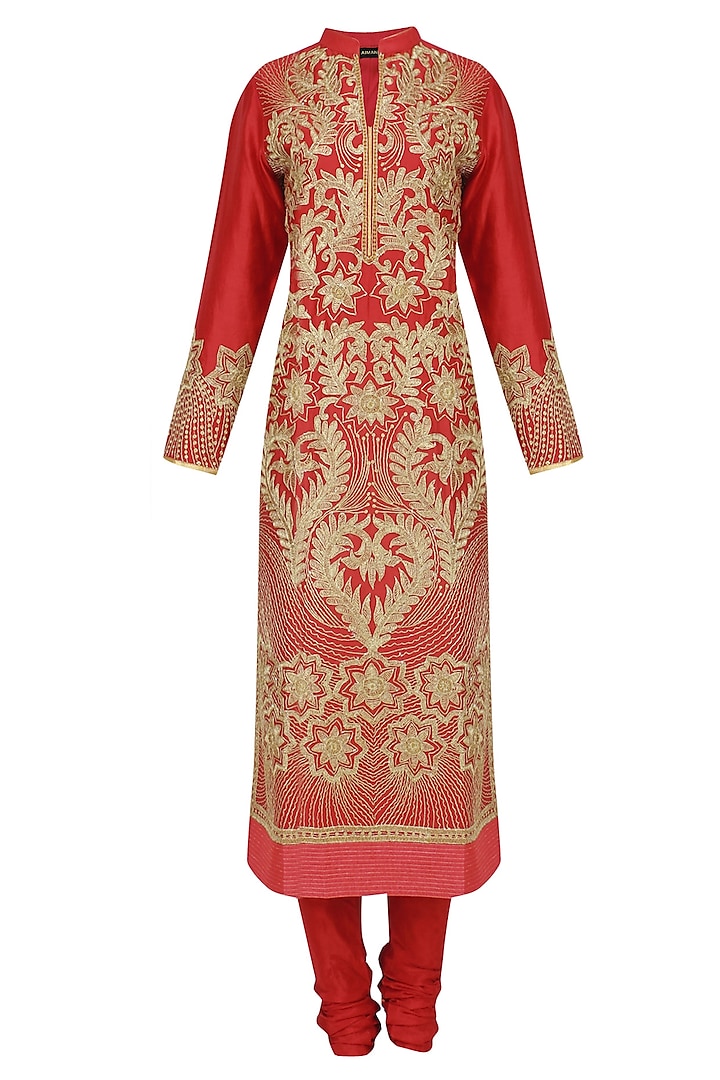 Red and Gold Dori Embroidered Sequinned Kurta Set by Aiman