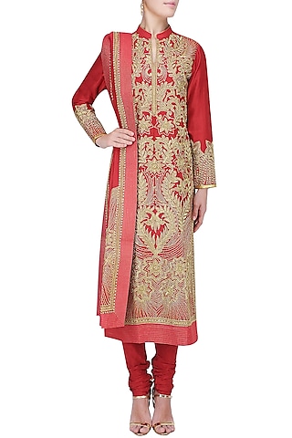 Red and Gold Dori Embroidered Sequinned Kurta Set by Aiman
