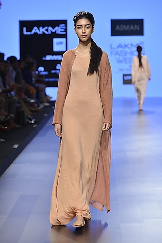 Peach embroidered stitchlines drape maxi dress by Aiman