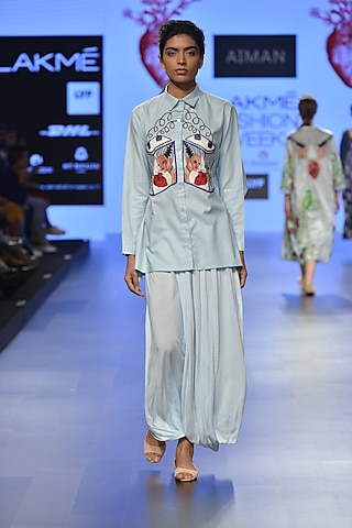Powder blue battery embroidered motif button down shirt by Aiman