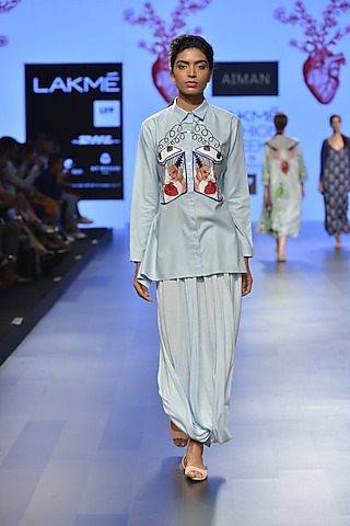 Powder blue pleated drape skirt by Aiman