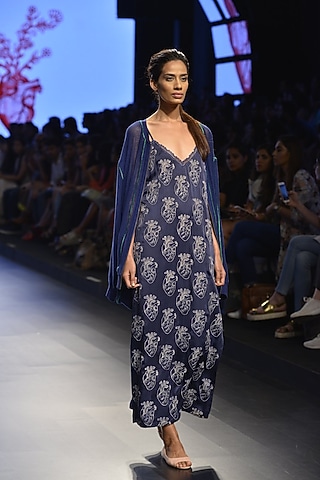Navy blue heart embroidered motif maxi dress by Aiman