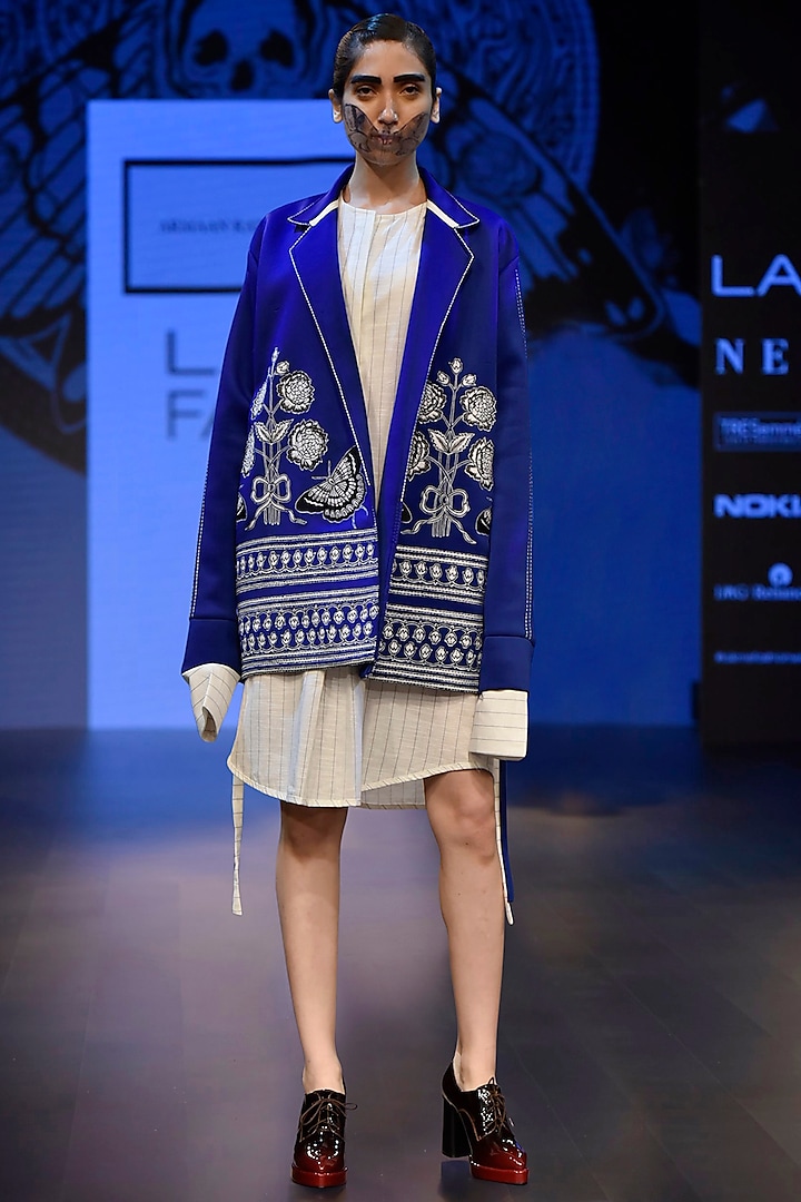 Blue Boxy Overlap Embroidered Bomber Jacket by ARMAAN RANDHAWA
