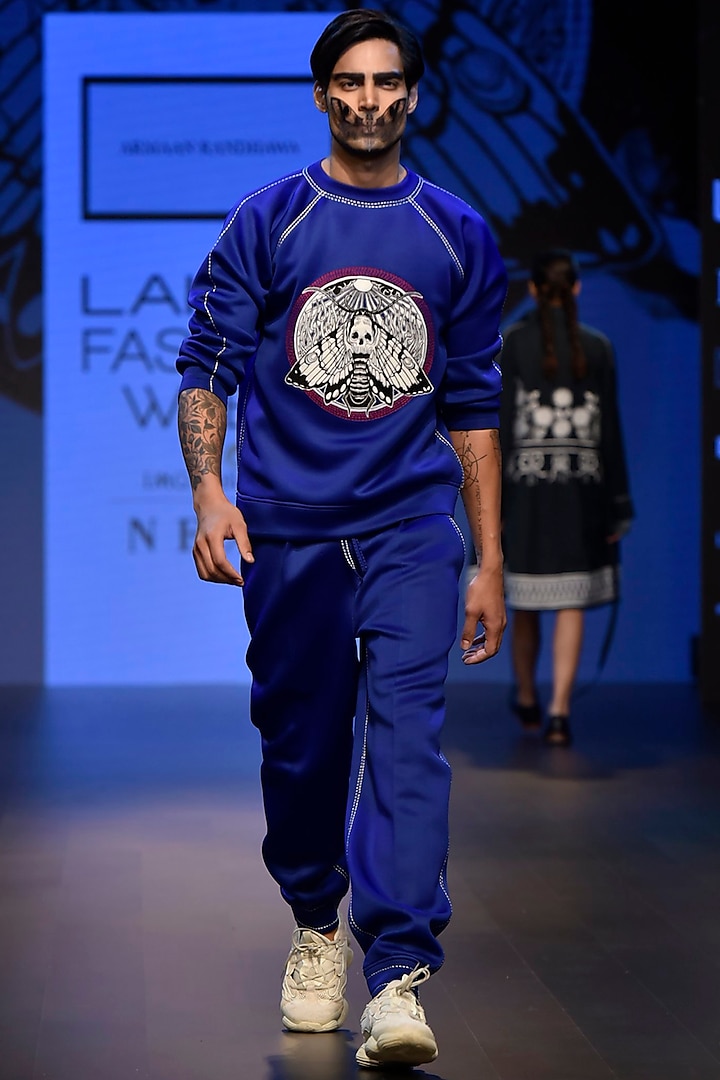 Navy Blue Embroidered Boxy Sweat Shirt by ARMAAN RANDHAWA