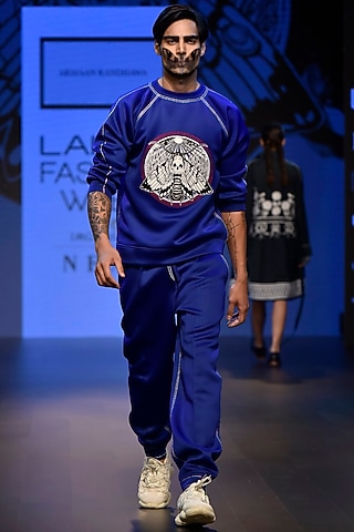 Navy Blue Embroidered Boxy Sweat Shirt by ARMAAN RANDHAWA