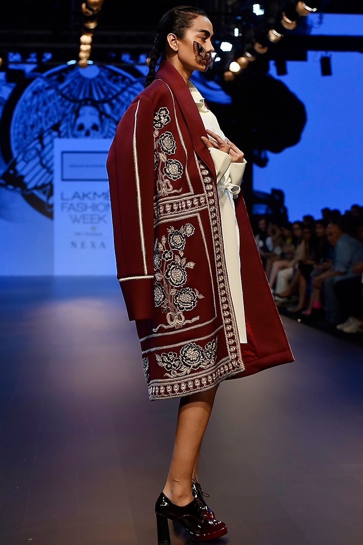 Maroon Embroidered Boxy Overcoat and String Dress by ARMAAN RANDHAWA