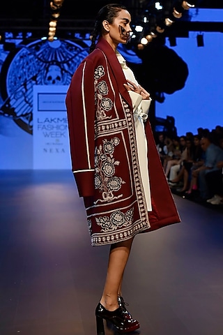 Maroon Embroidered Boxy Overcoat and String Dress by ARMAAN RANDHAWA