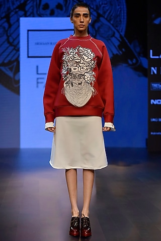 Maroon Embroidered Boxy Sweat Shirt and A Long String Dress by ARMAAN RANDHAWA