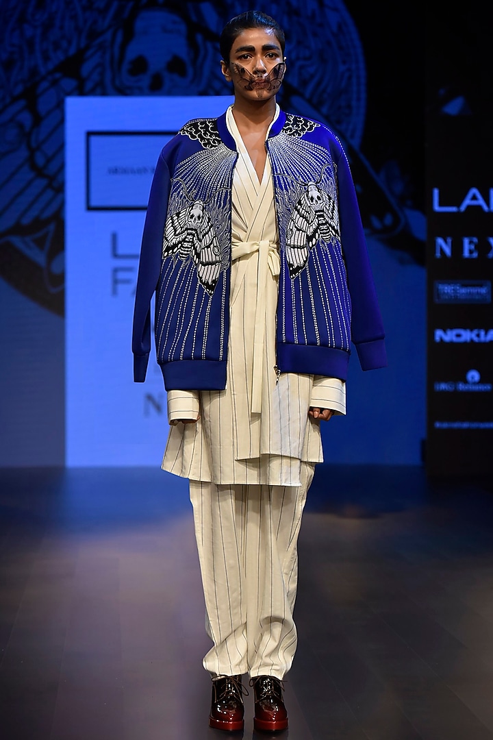 White Striped Boxy Sweat Jacket with A Long String Dress by ARMAAN RANDHAWA