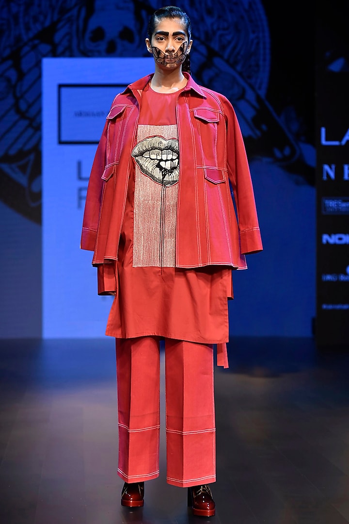 Red Artwork Denim Jacket with Shirt and Trouser by ARMAAN RANDHAWA