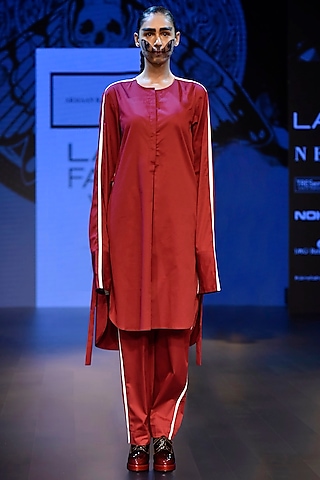 Maroon Straight Shirt with Cream Panel Lines Detailing by ARMAAN RANDHAWA