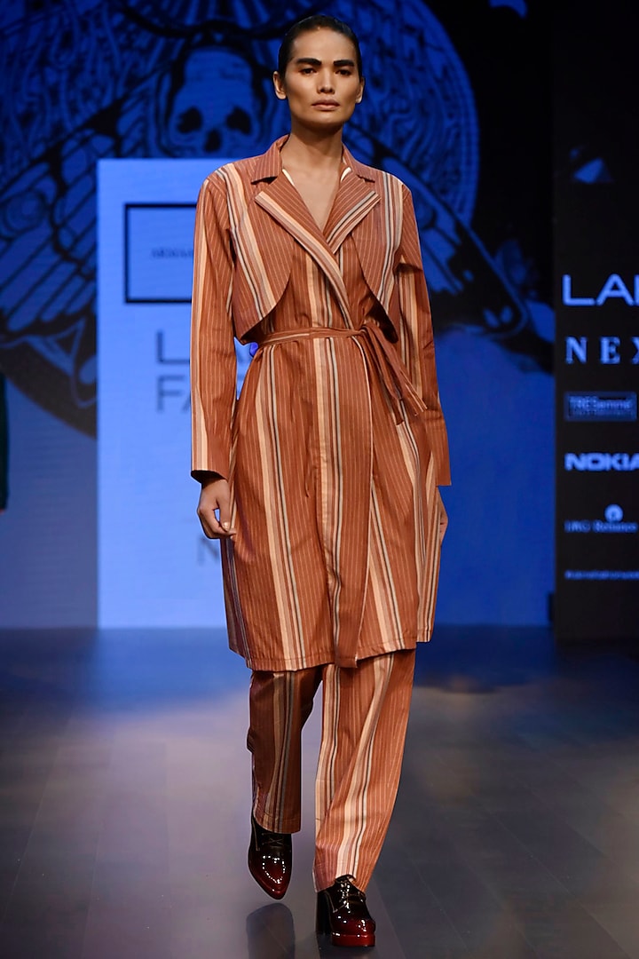 Rusty Orange Trench Jacket with Panel Detailing and Trousers by ARMAAN RANDHAWA