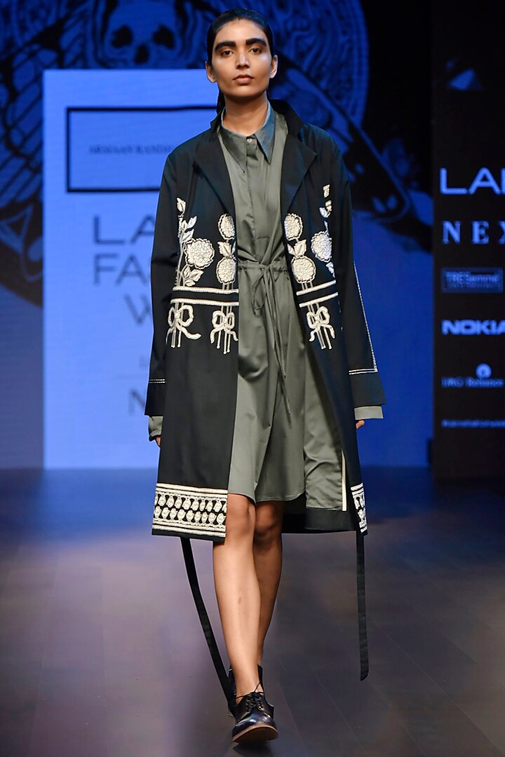 Green Embroidered Trench Jacket with String Dress by ARMAAN RANDHAWA