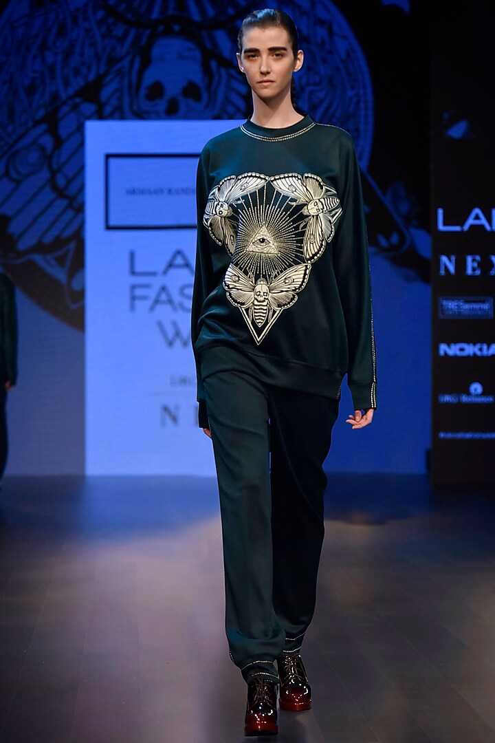 Dark Green Embroidered Boxy Sweat Shirt with A Long String Dress by ARMAAN RANDHAWA