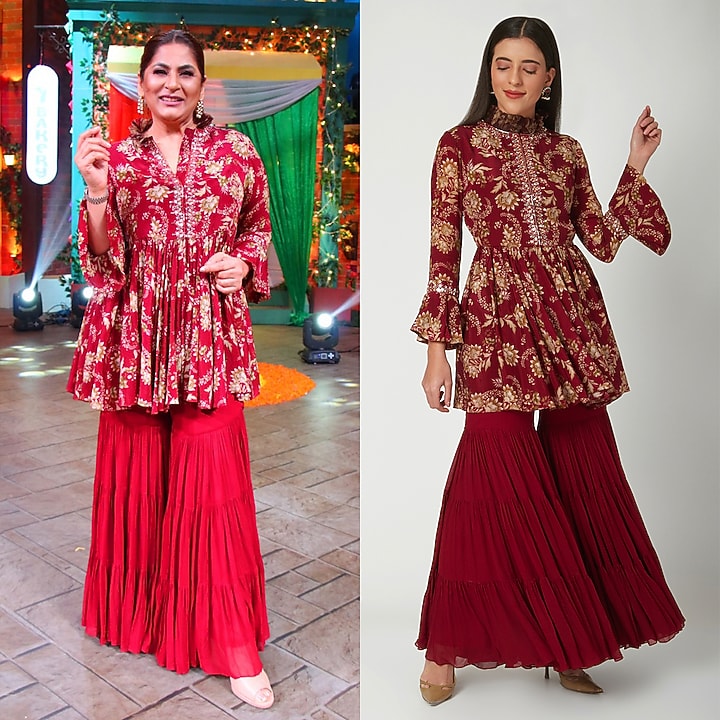 Maroon Printed Jacket WIth Wedding Sharara Pants by Chhavvi Aggarwal at Pernia's Pop Up Shop