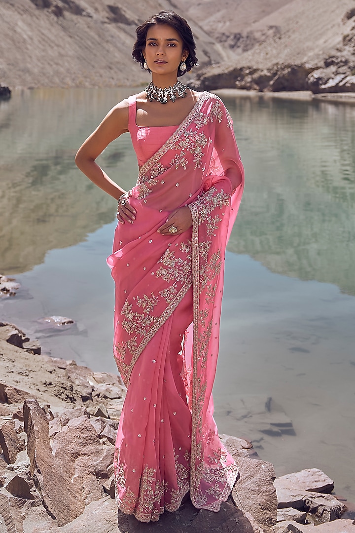 Pink Organza Bridal Saree Set by Anushree Reddy at Pernia's Pop Up Shop