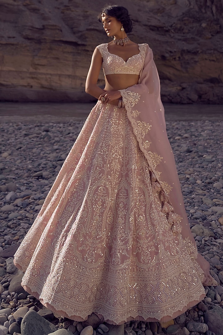 Soft Pink Organza Bridal Lehenga Set by Anushree Reddy at Pernia's Pop Up Shop