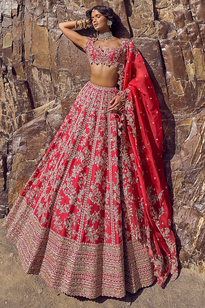 Red Raw Silk & Organza Bridal Lehenga Set by Anushree Reddy at Pernia's Pop Up Shop
