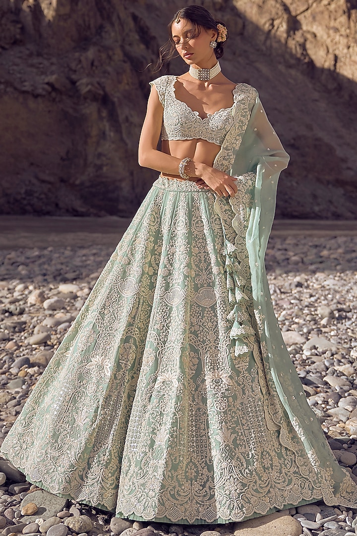 Sea Blue Organza Bridal Lehenga Set by Anushree Reddy at Pernia's Pop Up Shop