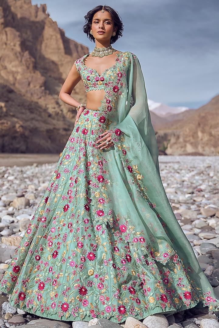 Sea Green Organza Bridal Lehenga Set by Anushree Reddy at Pernia's Pop Up Shop