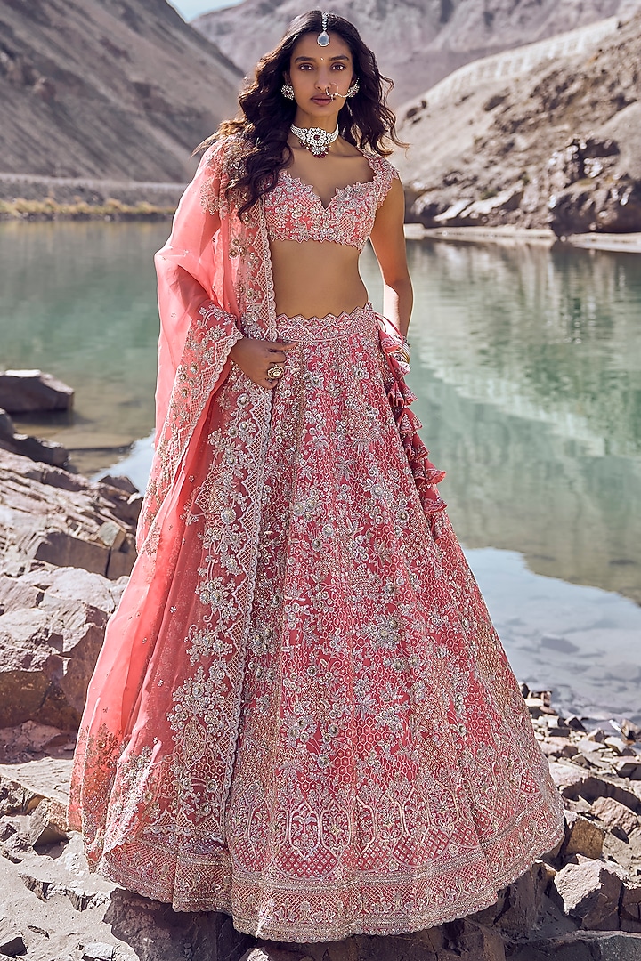 Coral Organza Bridal Lehenga Set by Anushree Reddy at Pernia's Pop Up Shop