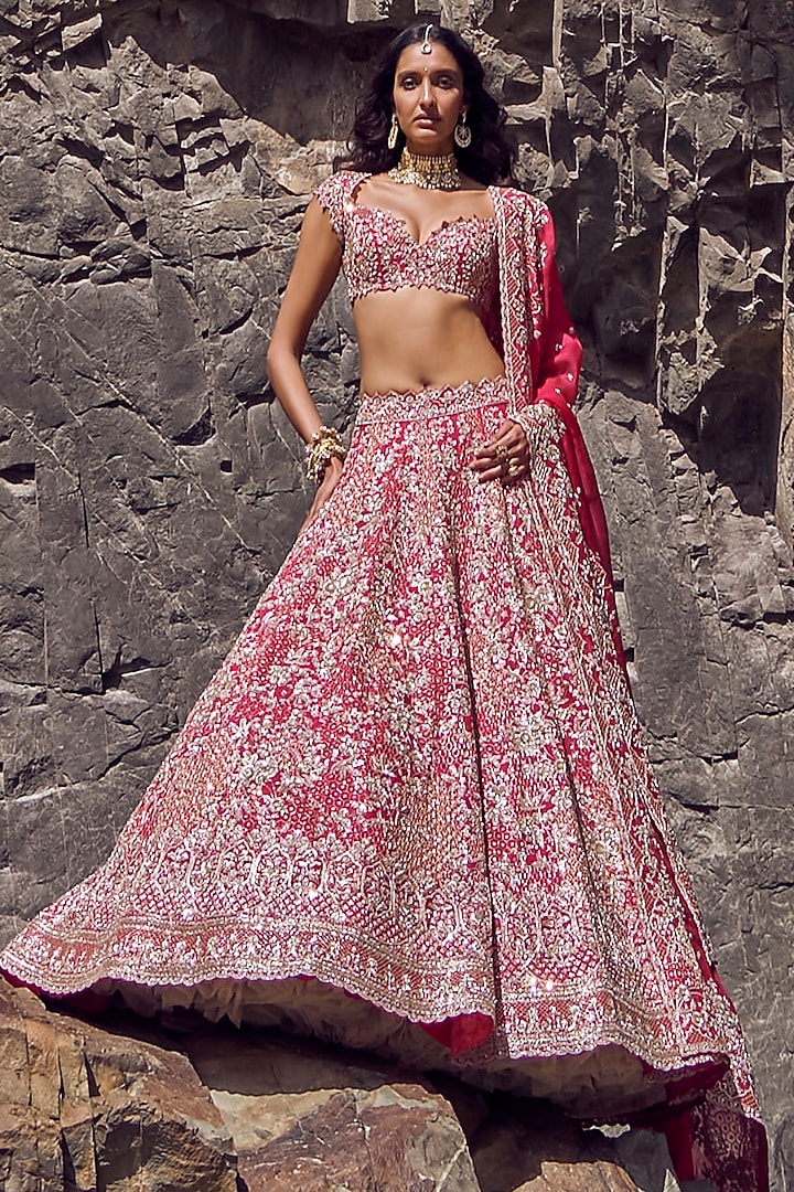 Cherry Red Organza Bridal Lehenga Set by Anushree Reddy at Pernia's Pop Up Shop