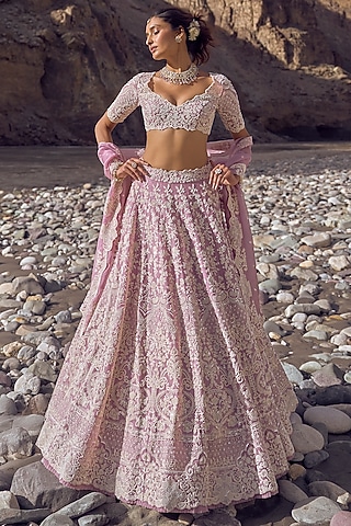 Mauve Organza Lehenga Set by Anushree Reddy