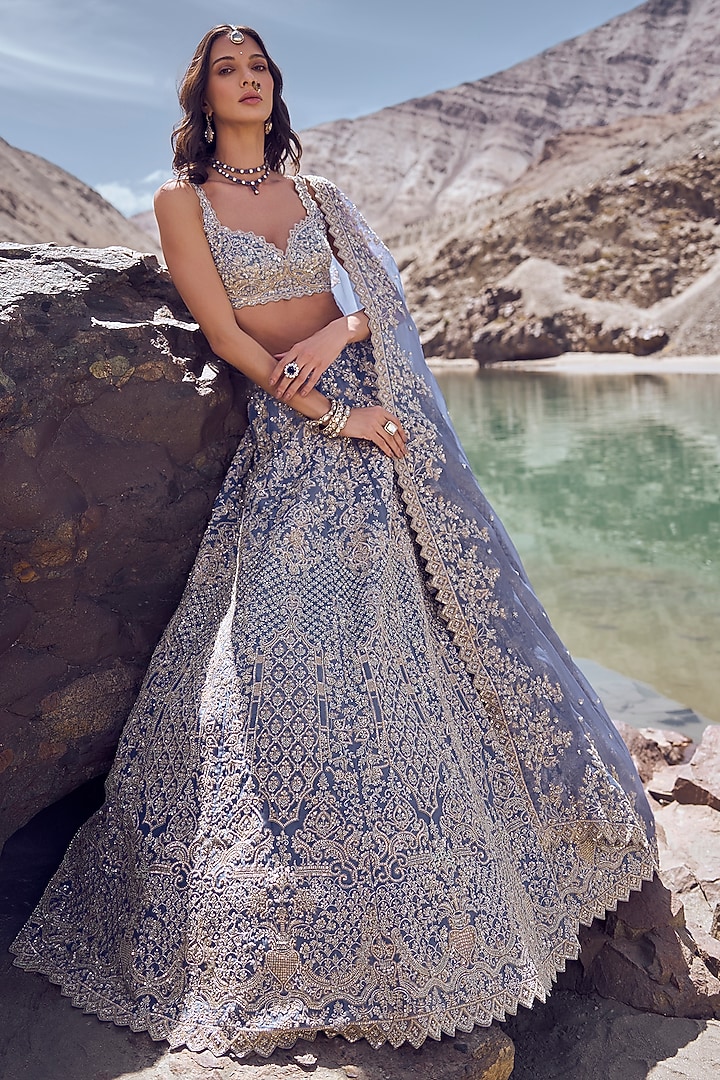 Sky Blue Organza Bridal Lehenga Set by Anushree Reddy at Pernia's Pop Up Shop